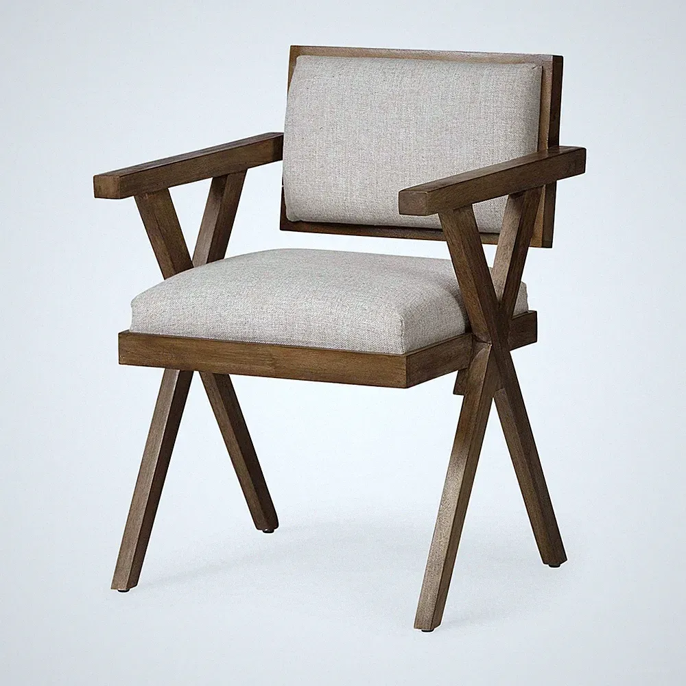 Cream And Brown Upholstered Fabric Open Back Dining Arm Chair