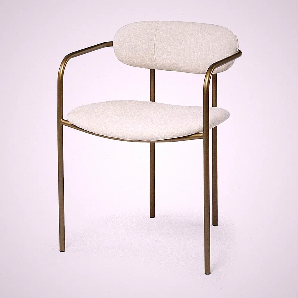 Cream And Gold Upholstered Fabric Open Back Dining Arm Chair