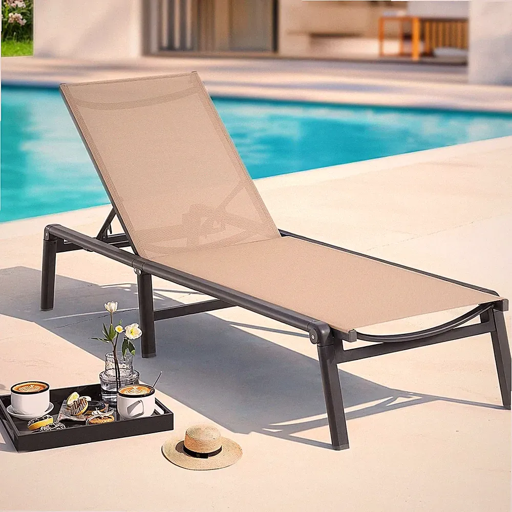 Foldable Aluminum Chaise Lounge Chair with 5-Position Backrest, Khaki