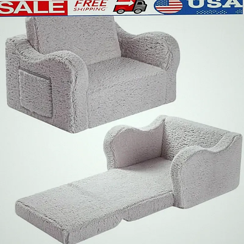 Kids Soft Sherpa Couch 2-in-1 Convertible Sofa Toddler Lounger Chair Nap Pad New