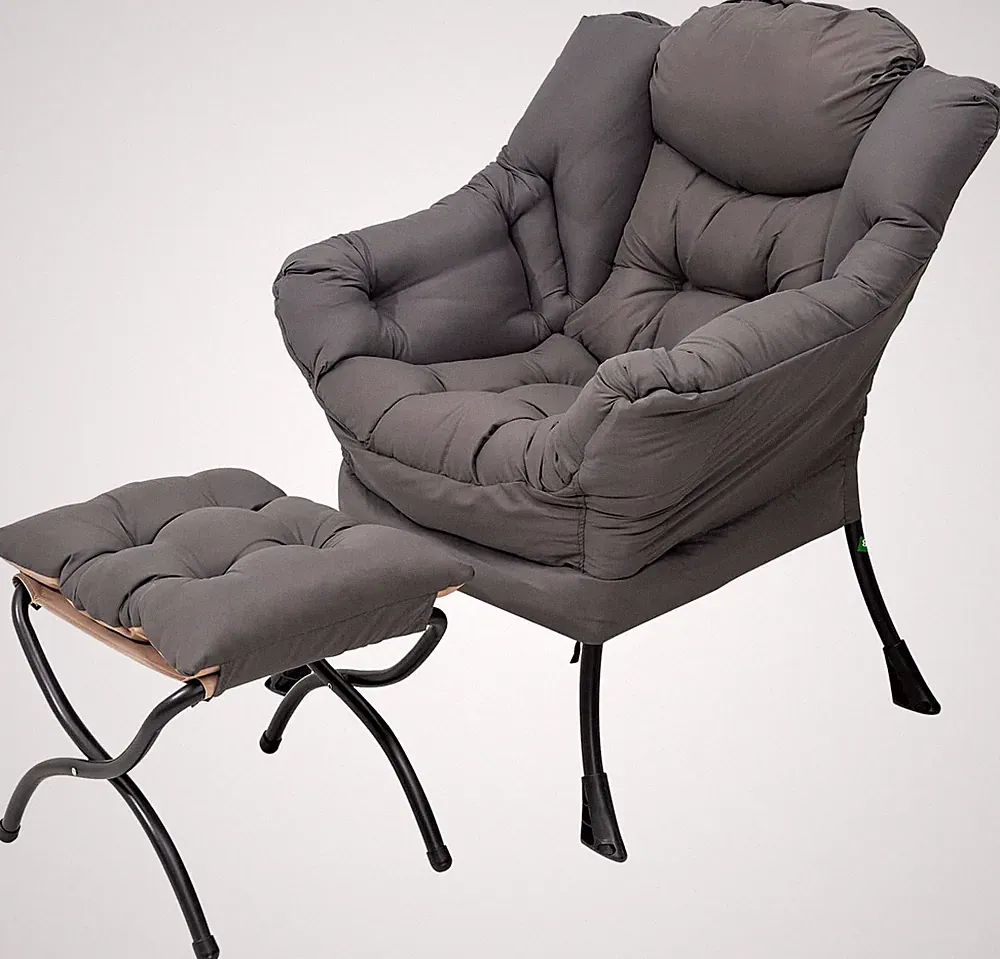 Lazy Chair with Ottoman, Large Dark Grey Accent Chair with a Side Pocket, Modern