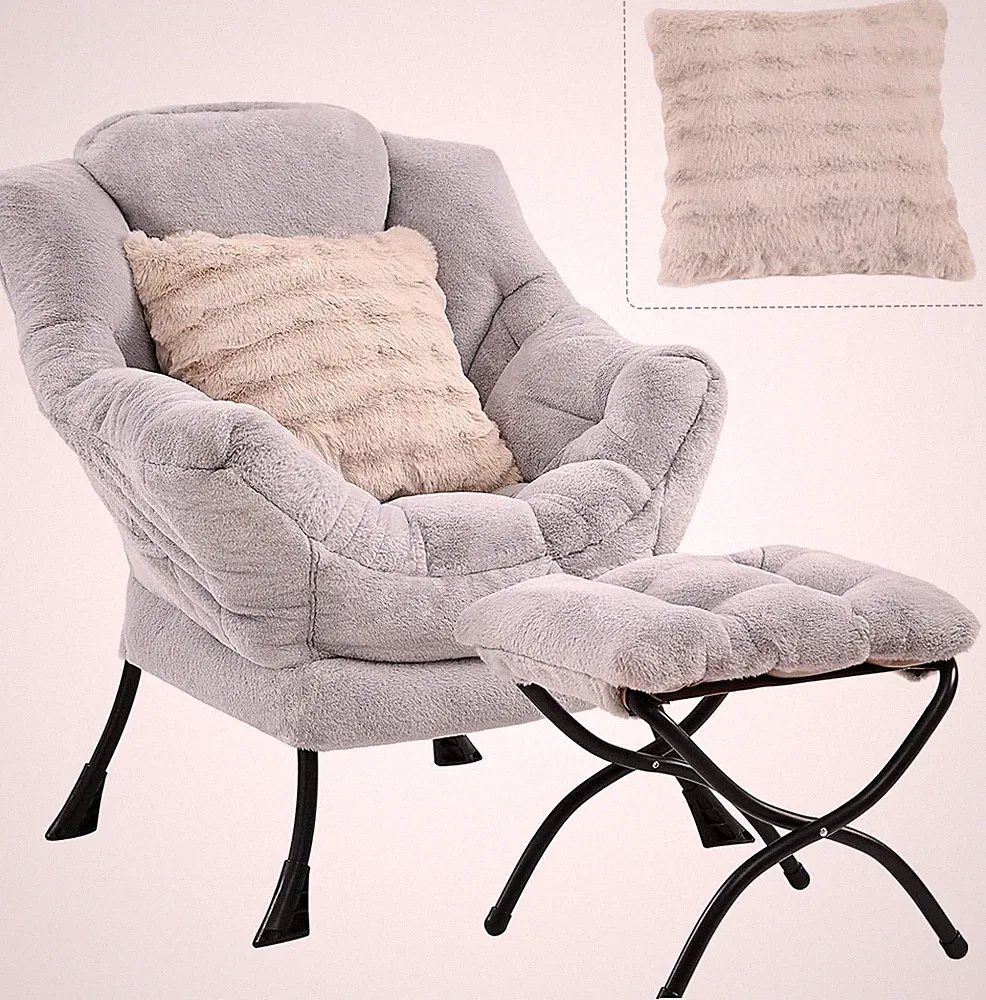 Modern Lazy Chair with Ottoman & Pillow - Plush Light Grey Accent Lounge Chair